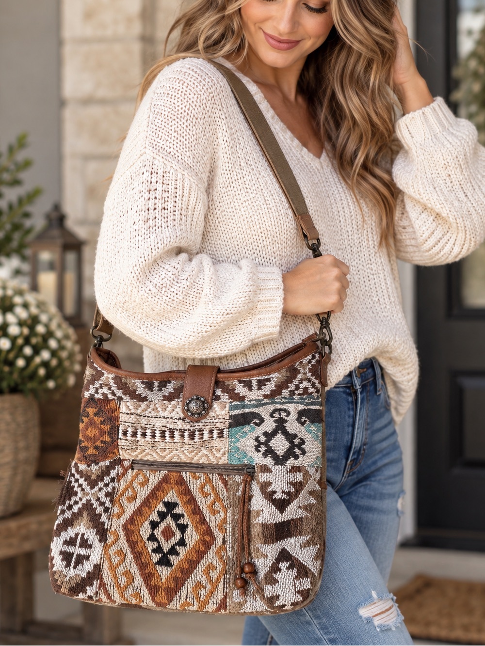 Myra Bag Boho Southwestern Woven Patchwork Crossbody Shoulder Bag